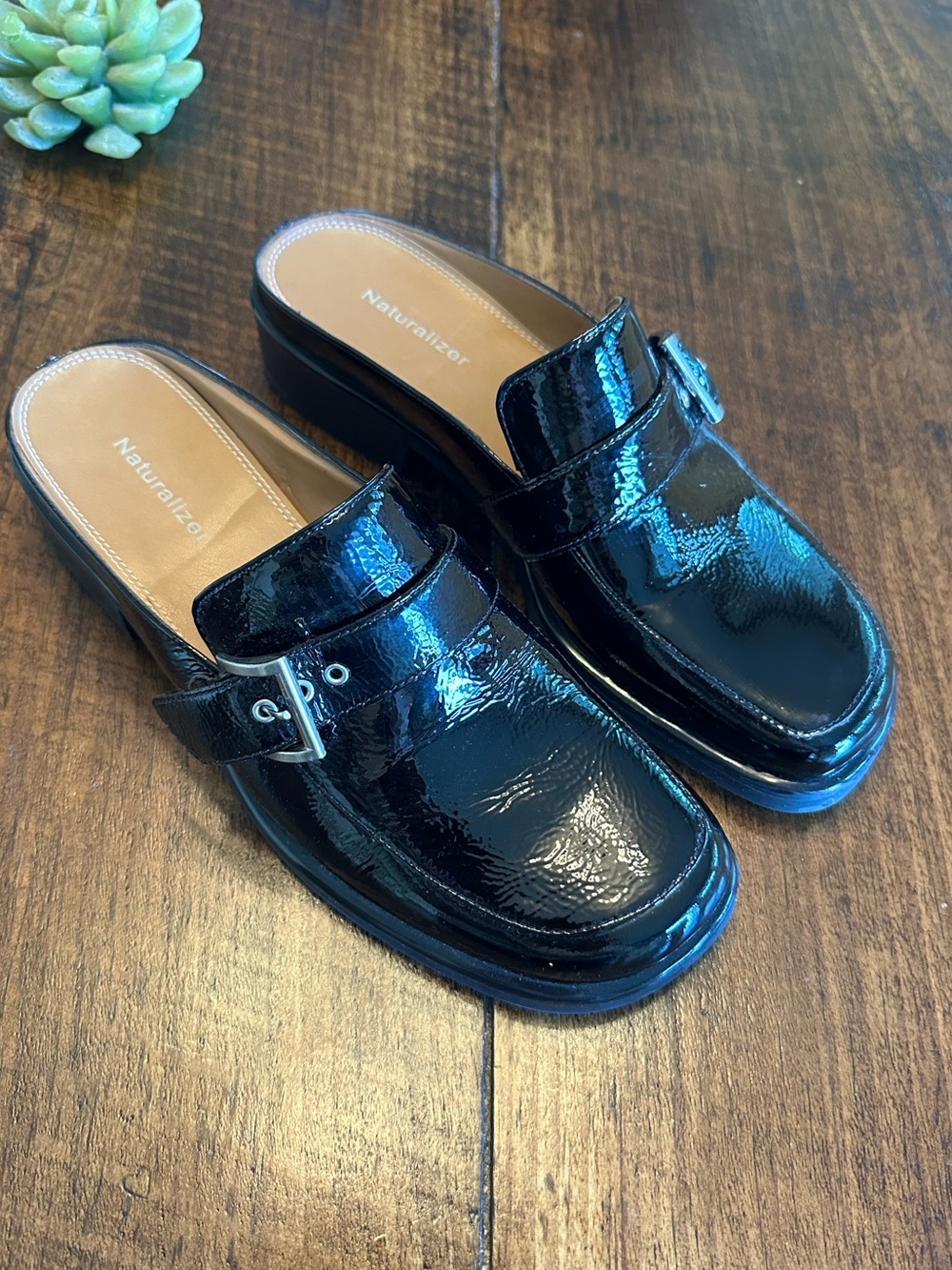 Naturalizer | Black Patent Leather Loafer Mules Silver Buckle Slip On Flats, 9